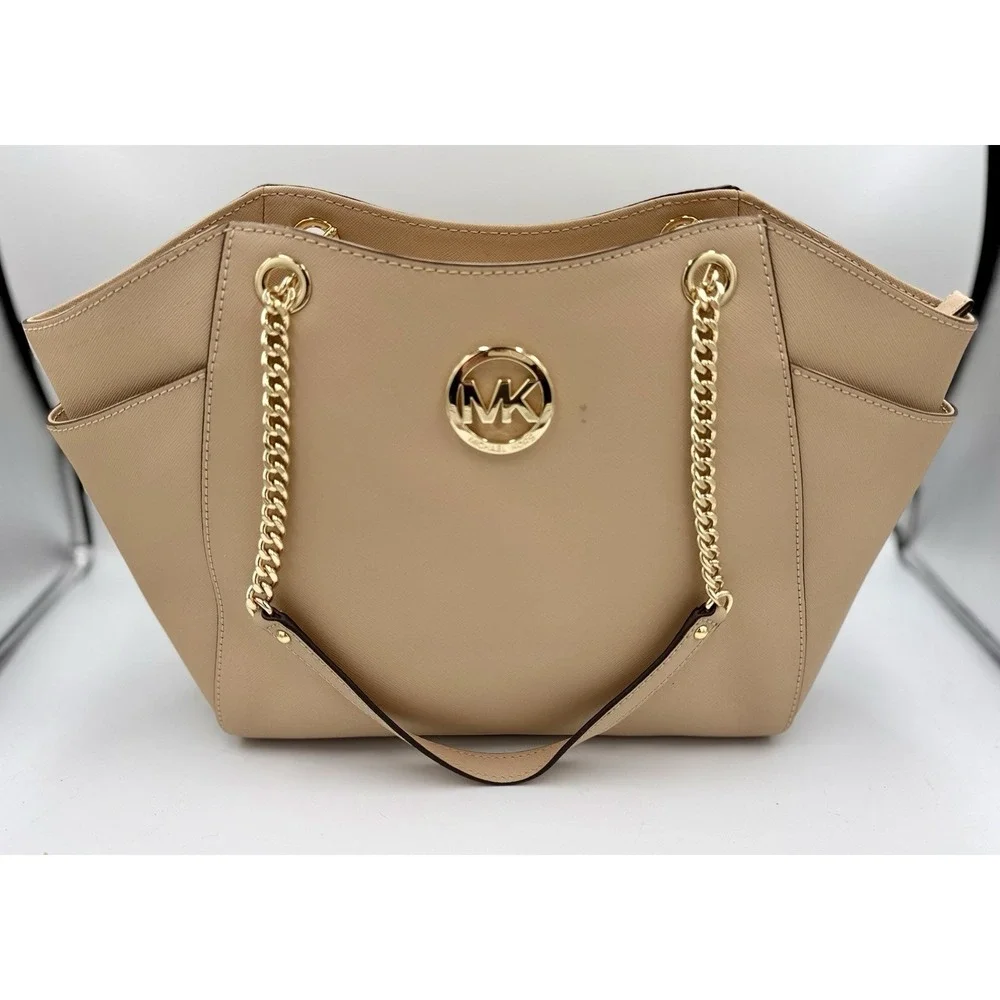 Michael Kors Jet Set Travel Chain Shoulder Tote Oyster MK Signature Handbag NWT